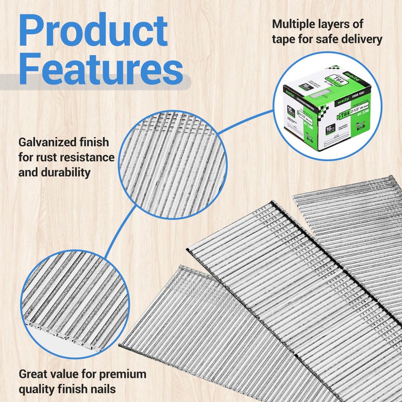 meite 16 Gauge Finish Nails 2-1/2 Inch Galvanized Straight Finishing Nails for Finish Nailer on Woodworking, Upholstery and Framing Projects, 1 Box/2,500PCS - Image 3
